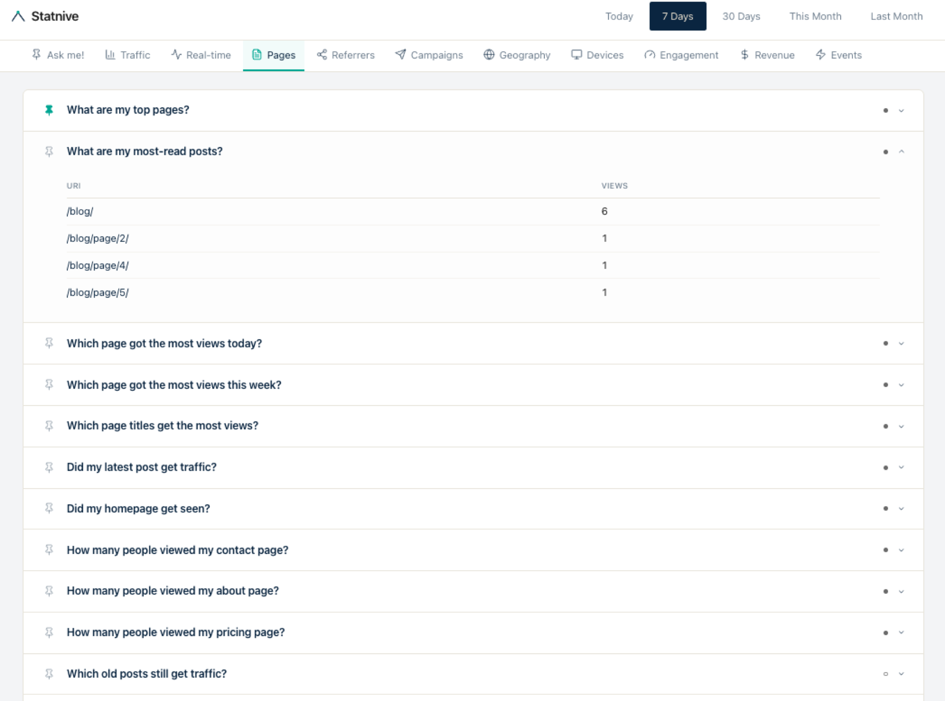 تبويب Pages في Statnive Ask me! يُظهر قائمة الصفحات العليا الكاملة وعرض الاستعراض لكل URL