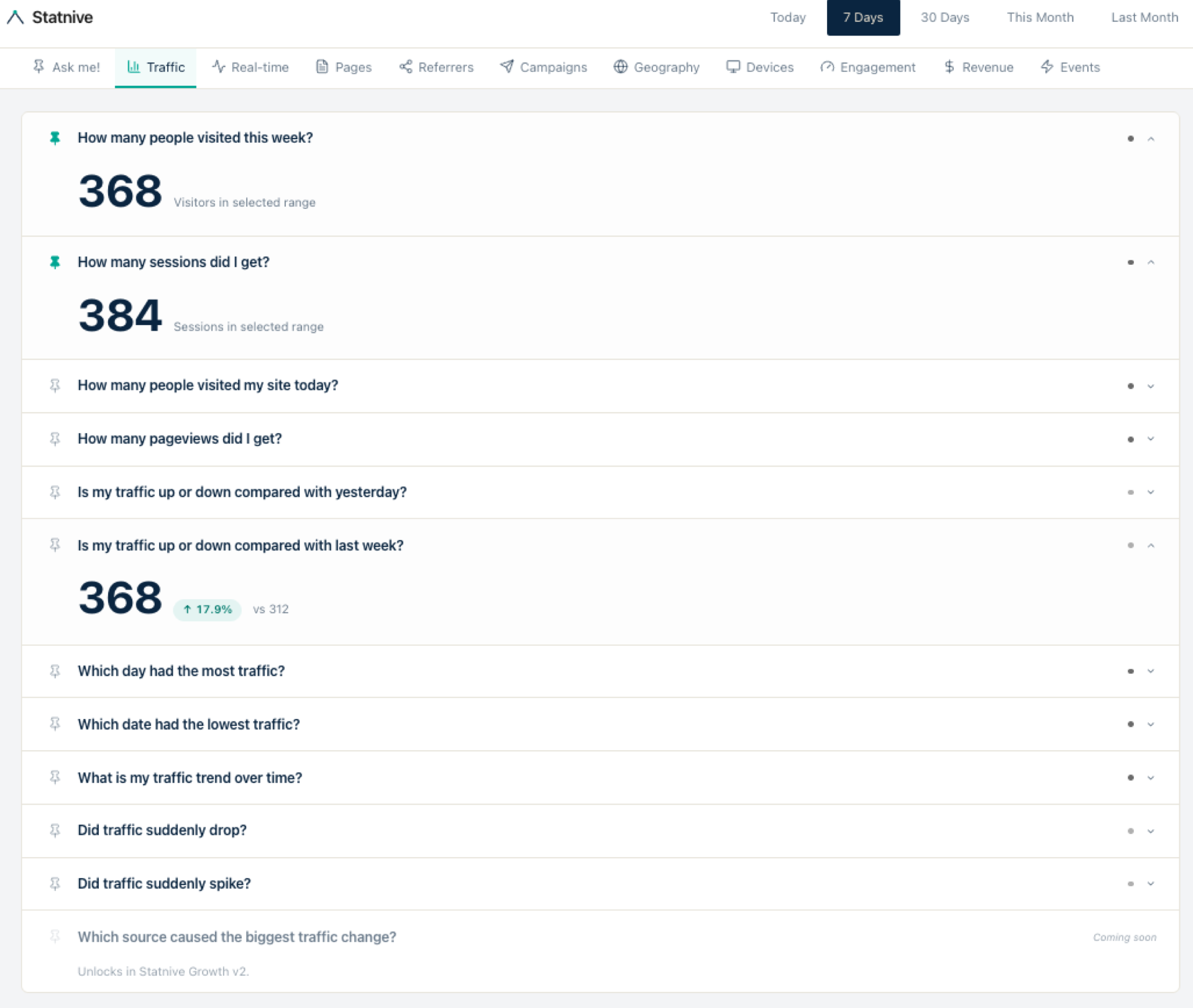 تبويب Traffic Overview في Statnive Ask me! — 10 بطاقات أسئلة بما فيها «كم شخصاً زار»، «ما اتجاه زياراتي عبر الزمن؟»، «هل زياراتي تصعد أم تنزل مقارنة [بالنافذة]؟»، وبطاقات الشذوذ q10/q11